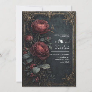 Convite Elegante Rosa Floral Burgundy Gótico Escuro Casame