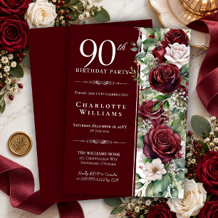 Convite Elegante Rosa Floral de Vinho Borgonha para 90º An