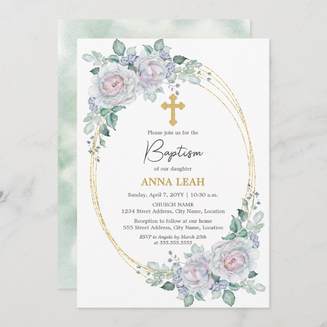 Convite Elegante Rosa Floral Dourado Cruz Baptism (Frente/Verso)