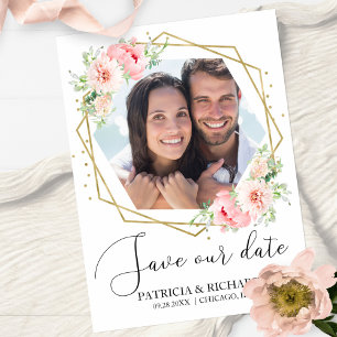Convite Elegante Rosa Floral Foto Casamento Salve a Data