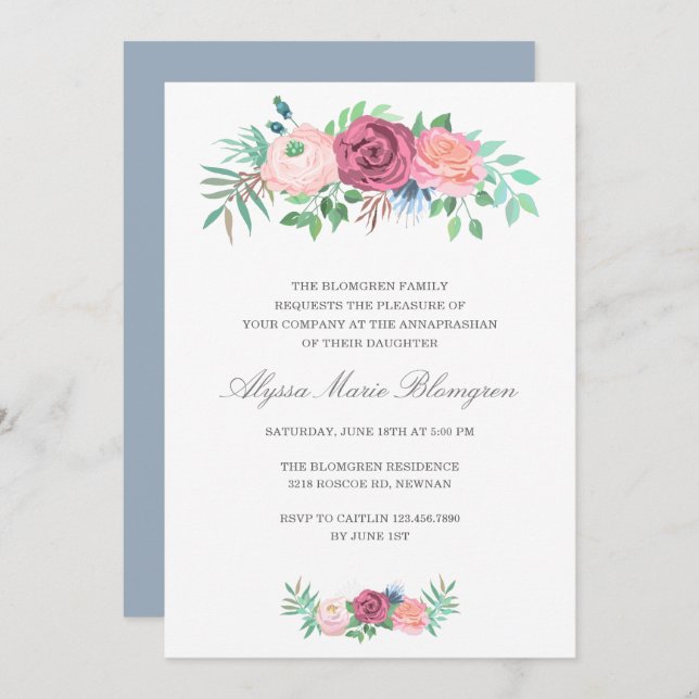 Convite Elegante Rosa Floral Garland Girl Annaprashan (Frente/Verso)