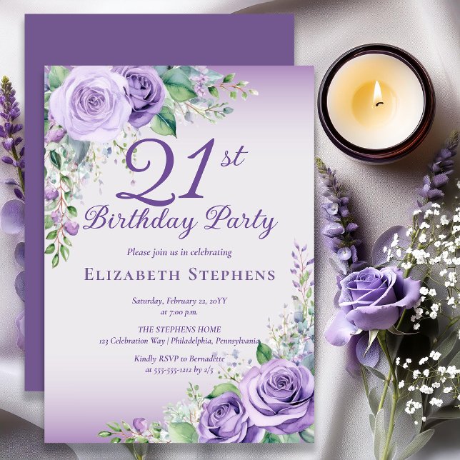 Convite Elegante Rosa Floral Lavanda Roxa Aniversário de 2 (Elegant lavender watercolor roses for a sophisticated purple 21st milestone birthday celebration.)