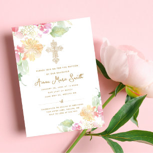 Convite Elegante Rosa Floral Ornate Cruz Batismo