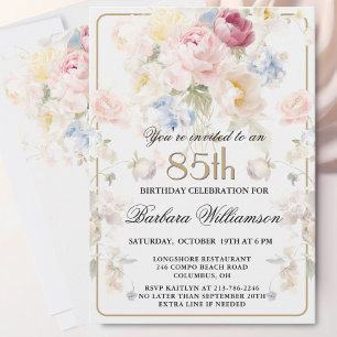 Convite Elegante Rosa Floral Pintado para 85º Aniversário 