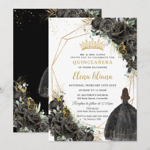 Convite Elegante Rosa Floral Preta Quinceanera Doze 16