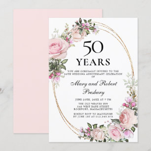 Convite Elegante Rosa Floral Rosa 50º Aniversário