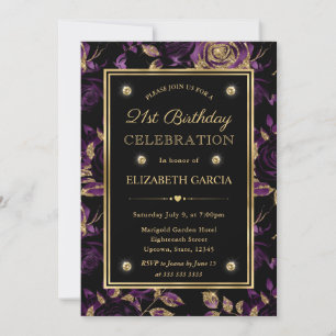 Convite Elegante Rosa Floral Roxo e Dourado Aniversário de