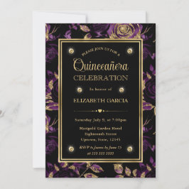Convite Elegante Rosa Floral Roxo e Dourado Quinceanera