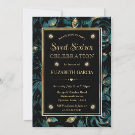 Convite Elegante Rosa Floral Teal e Dourado Sweet 16