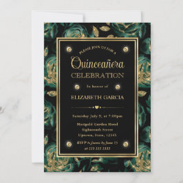 Convite Elegante Rosa Floral Verde e Dourada Quinceanera