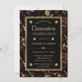 Convite Elegante Rosa Floral Vermelho e Dourado Quinceaner