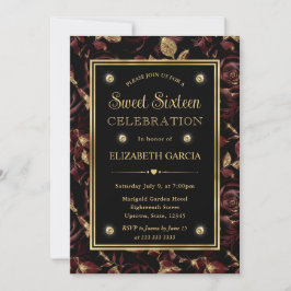 Convite Elegante Rosa Floral Vermelho e Dourado Sweet 16