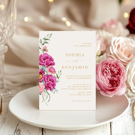 Convite Elegante Rosa Floral Vibrante Casamento Dourado