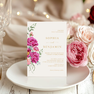 Convite Elegante Rosa Floral Vibrante Casamento Dourado