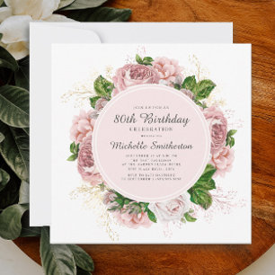 Convite Elegante Rosa Floral Vintage Aniversário de 80 ano