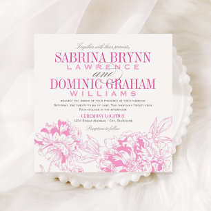 Convite Elegante Rosa Fuchsia e Cinza Floral de Peônia Cas