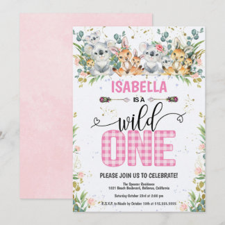 Convite Elegante rosa Gingham Safari Wild One primeiro ani