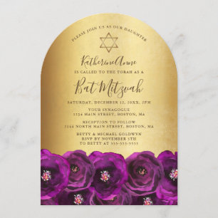 Convite Elegante Rosa Magenta Floral Bat Mitzvah Dourado