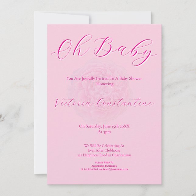 Convite Elegante Rosa Oh Baby Script Peônia Churrasco de B (Frente)