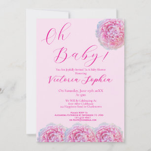 Convite Elegante Rosa Oh Menina Bebê Script Peônia Chuvada