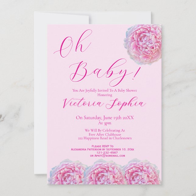 Convite Elegante Rosa Oh Menina Bebê Script Peônia Chuvada (Frente)