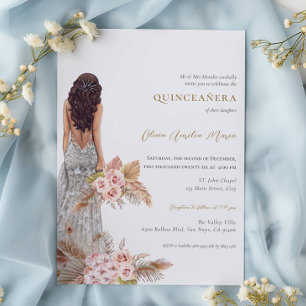 Convite Elegante Rosa Pampas Grass Dress Quinceanera