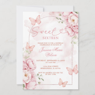 Convite Elegante Rosa para Sweet 16 com Borboletas