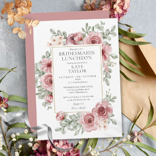 Convite Elegante Rosa Poeirento Floral Almoço de Damas de