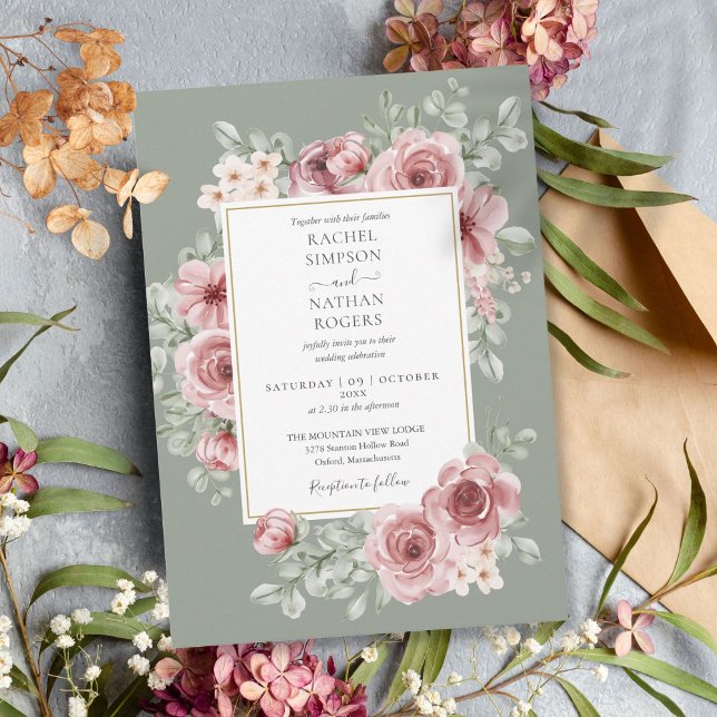 Convite Elegante Rosa Poeirento Floral com Verde Musgo Cas (Elegant Dusty Rose Floral Sage Green Wedding Invitation)