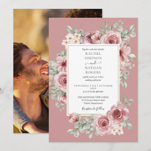 Convite Elegante Rosa Poeirento Floral Dourado Foto de Cas