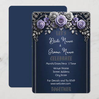 Convite Elegante Rosa Prata Azul Meia-Noite