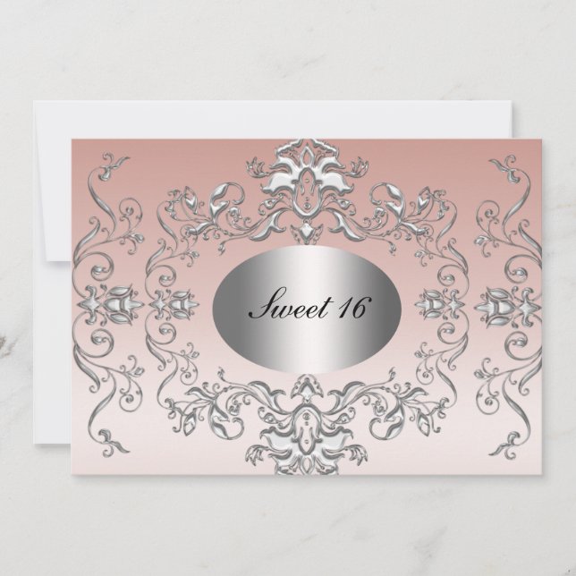 Convite Elegante Rosa Prata para Sweet 16 (Frente)