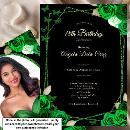 Convite Elegante Rosa Preta e Verde Debut de 18 Anos