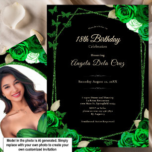 Convite Elegante Rosa Preta e Verde Debut de 18 Anos