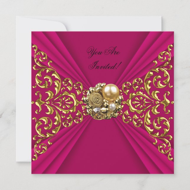 Convite Elegante Rosa Profundo Vermelho Dourado Para Todas (Frente)