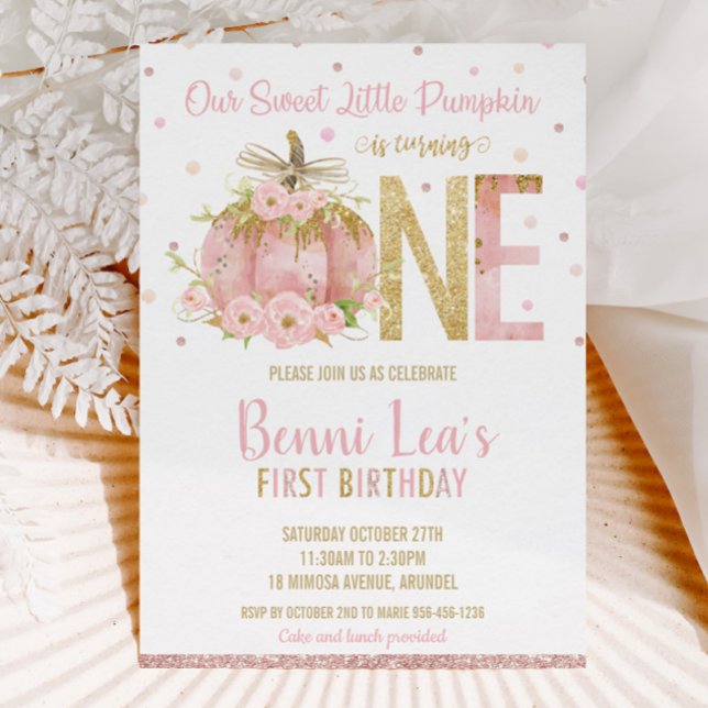 Convite Elegante Rosa Pumpkin primeiro aniversario Um Meni (sweet-pink-pumpkin-rose-gold-blush-pink-floral-1st-first-birthday-party-one-invitation-cards-digital)