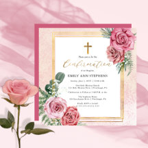Elegante Rosa | Quadro Floral Dourado Confirmação