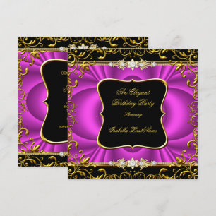 Convite Elegante Rosa Quente Damasco Preto Dourado Festa d