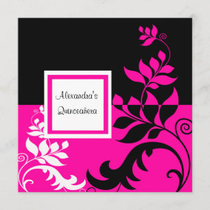 Convite Elegante Rosa Quente e Vinha Preta Quinceanera