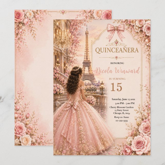 Convite Elegante Rosa Quince (Frente/Verso)