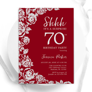 Convite Elegante Rosa Red Silver Surprise 70 Birthday