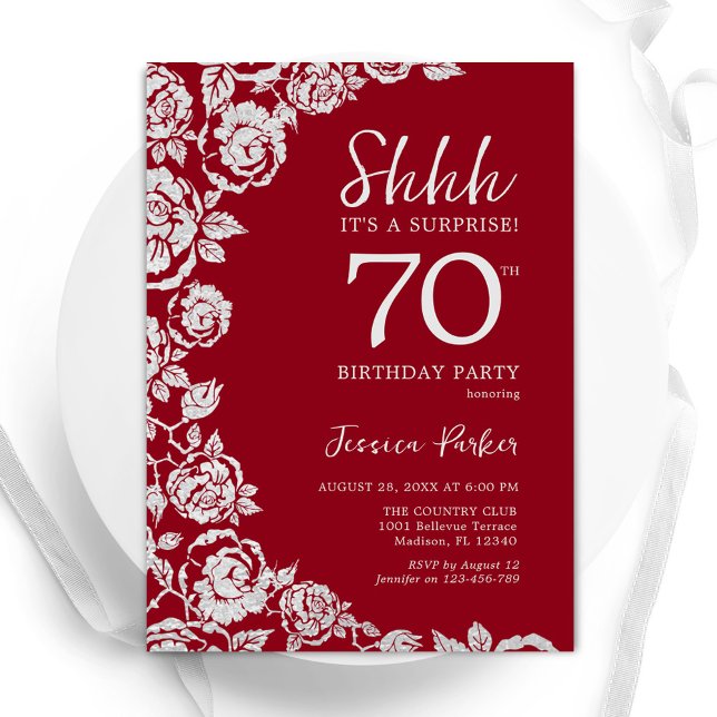 Convite Elegante Rosa Red Silver Surprise 70 Birthday (Criador carregado)