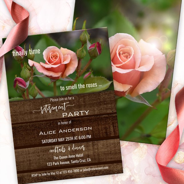 Convite Elegante Rosa Relax Garden Retirement Party (Retirement party invitation featuring a peach colored rose on rustic dark wood - garden - flowers)