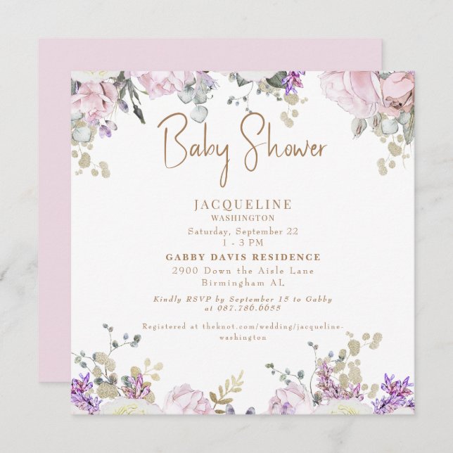 Convite Elegante Rosa Rosa Floral Chá de fraldas Arredonda (Frente/Verso)