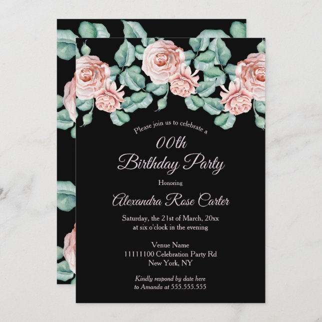 Convite Elegante rosa rosa-rosa Festa de aniversário flora (Frente/Verso)