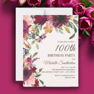 Convite Elegante Rosa Roxo Dourado Floral 100º Aniversário