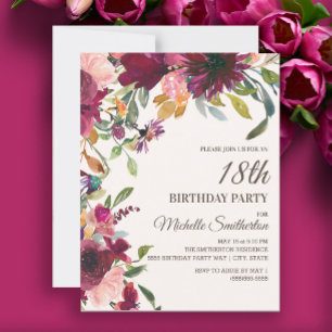 Convite Elegante Rosa Roxo Dourado Floral 18º Aniversário