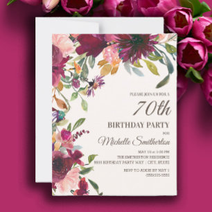 Convite Elegante Rosa Roxo Dourado Floral 70º Aniversário