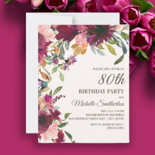 Convite Elegante Rosa Roxo Dourado Floral 80º Aniversário