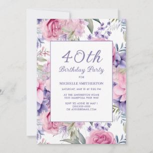 Convite Elegante Rosa Roxo Floral 40º Aniversário